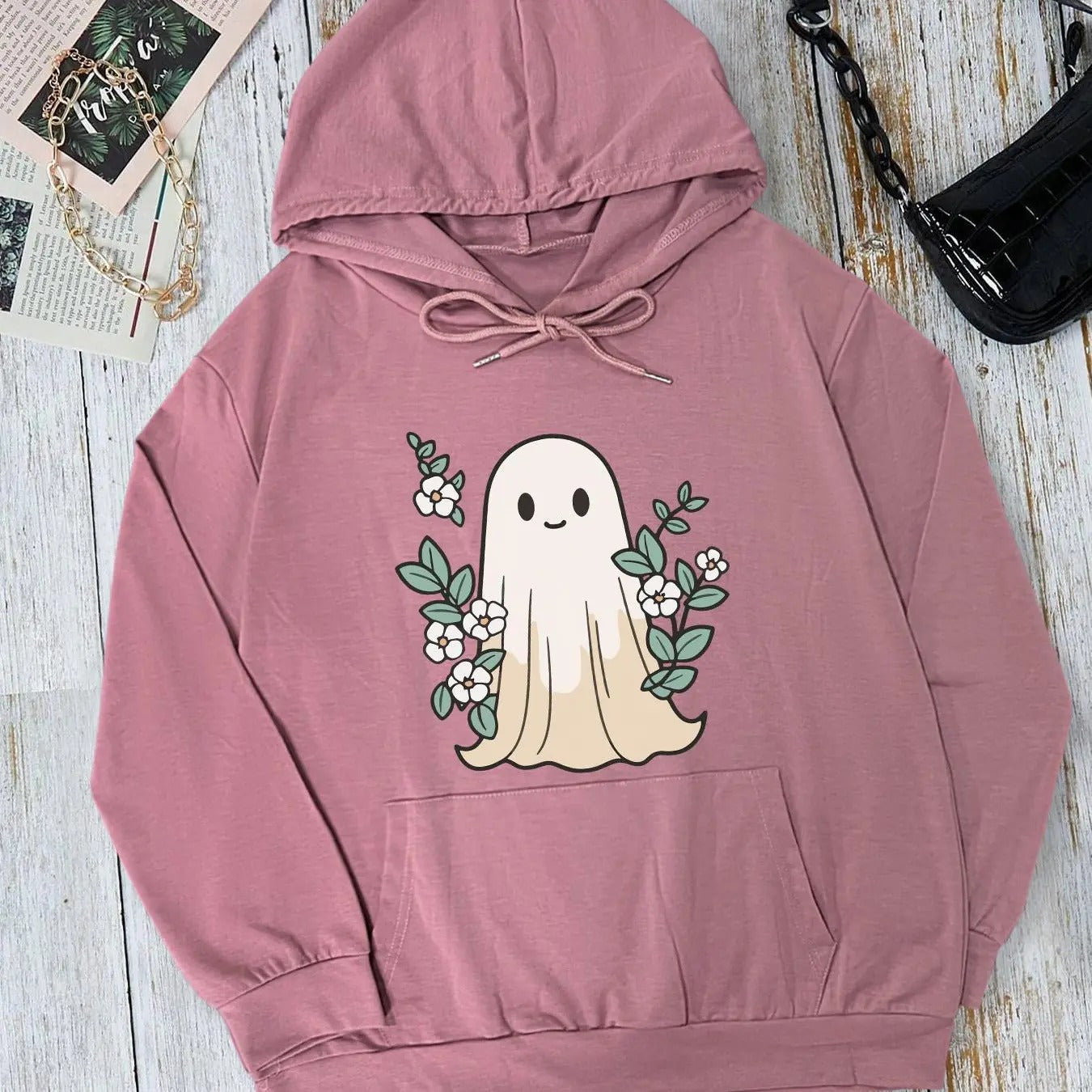 Women's Ghost Print Drawstring Hoodie, Fashion Casual Long Sleeve Pocket Hooded Sweatshirt for Halloween Daily Holiday...