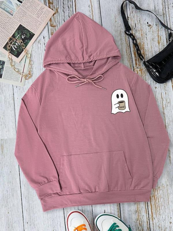 Women's Ghost Print Drawstring Pocket Hoodie, Casual Long Sleeve Hooded Sweatshirt for Fall & Winter, Women's Clothes for...