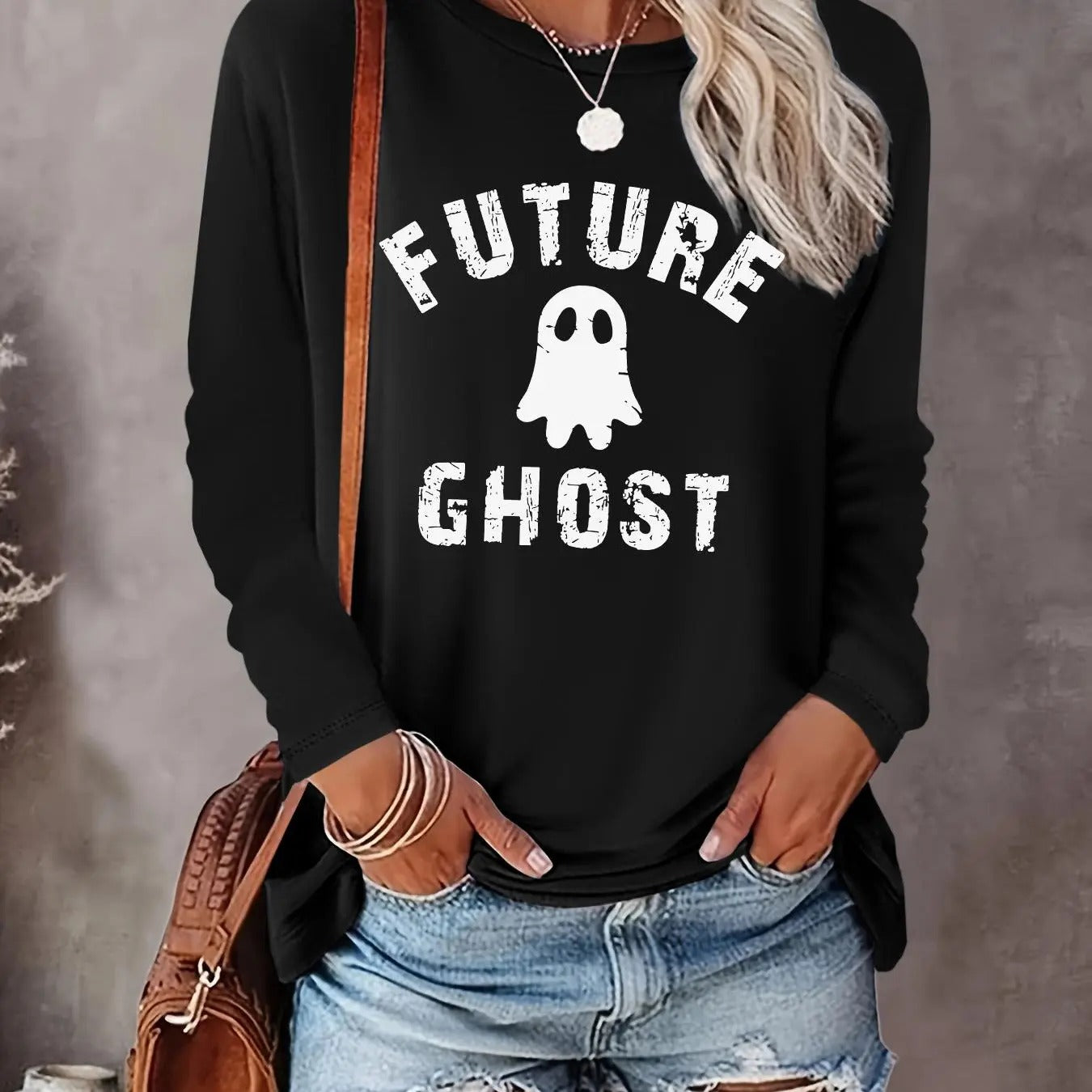 Women's Ghost Print Round Neck Tee, Casual Halloween Long Sleeve Crew Neck T-shirt for Fall & Winter, Women's Clothes for...