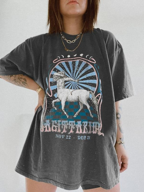 Women's Goat & Letter  Print Round Neck Tee, Casual Figure Half  Sleeve T-shirt for Summer, Ladies Clothes for Daily...