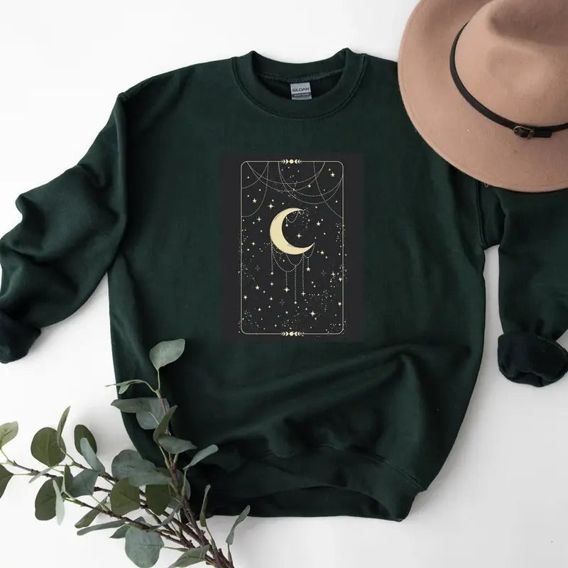 Women's Golden Crescent Moon Celestial Tarot Card Sweatshirt, Tarot Card Hoodie, Celestial Shirt, Mystical Women's...
