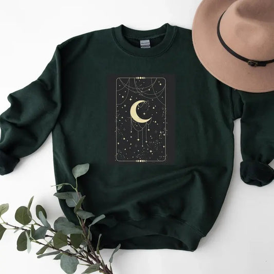 Women's Golden Crescent Moon Celestial Tarot Card Sweatshirt, Tarot Card Hoodie, Celestial Shirt, Mystical Women's...