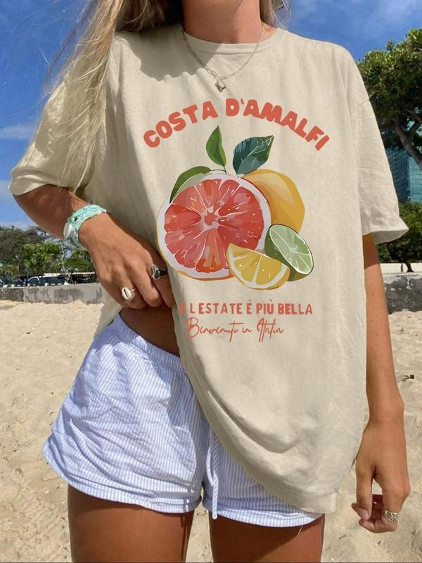 Women's Grapefruit & Letter Print Round Neck Tee, Casual Short Sleeve Crew Neck T-shirt for Summer, Fashion Women's Top...
