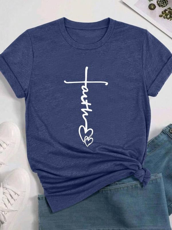 Women's Graphic & Hearts Print Round Neck Tee, Casual Short Sleeve Crew Neck T-shirt for Daily Wear, Ladies Clothes for...