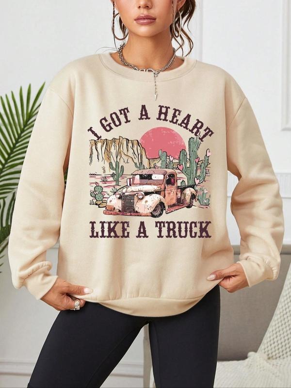 Women's Graphic Drop Shoulder Sweatshirt, Casual Long Sleeve Crew Neck Pullover For Fall & Winter, Women's Clothes For...