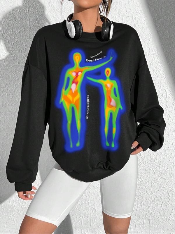 Women's Graphic Drop Shoulder Sweatshirt, Casual Long Sleeve Round Neck Pullover For Fall & Winter, Women's Clothes For...