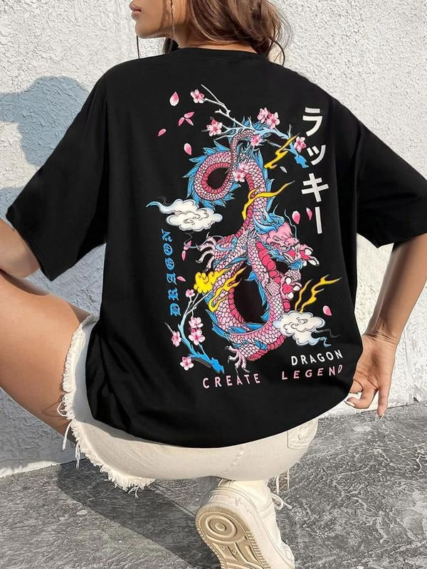 Women's Graphic Half Sleeve Crew Neck Tee, Black Graphic Summer T-shirt, Casual Loose Drop Shoulder Top, Women Teen Girls...