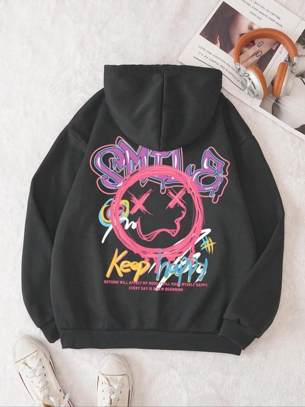 Women's Graphic Print Drop Shoulder Hoodie with Kangaroo Pocket Design, Fashion Casual Printed Drawstring Hooded...