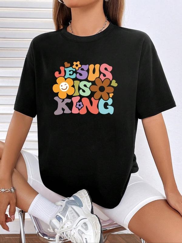 Women's Graphic Round Neck Regular Sleeve Tee, Summer Clothes Women, Letter Print Short Sleeve T-shirt, Casual Crew Neck...