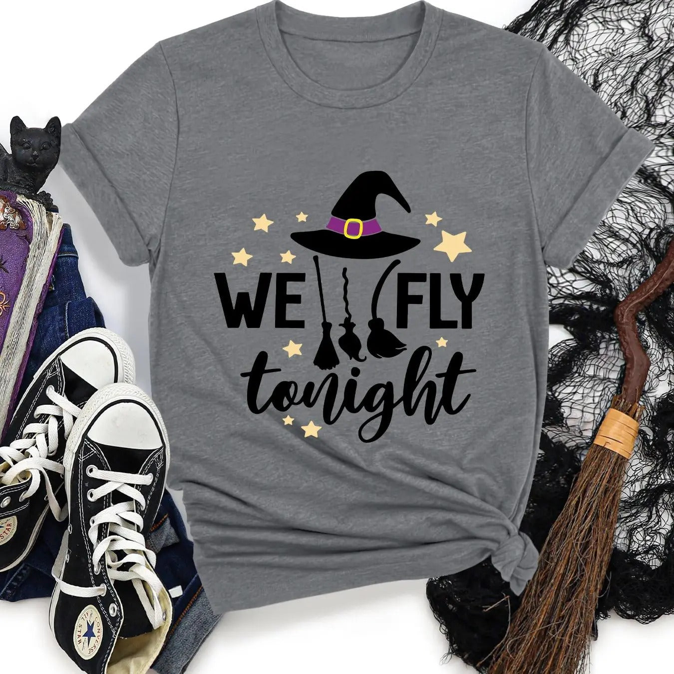 Women's Halloween & Letter Print Round Neck Tee, Casual Short Sleeve Crew Neck T-shirt for All Seasons, Ladies Clothes...