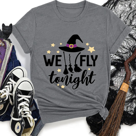 Women's Halloween & Letter Print Round Neck Tee, Casual Short Sleeve Crew Neck T-shirt for All Seasons, Ladies Clothes...