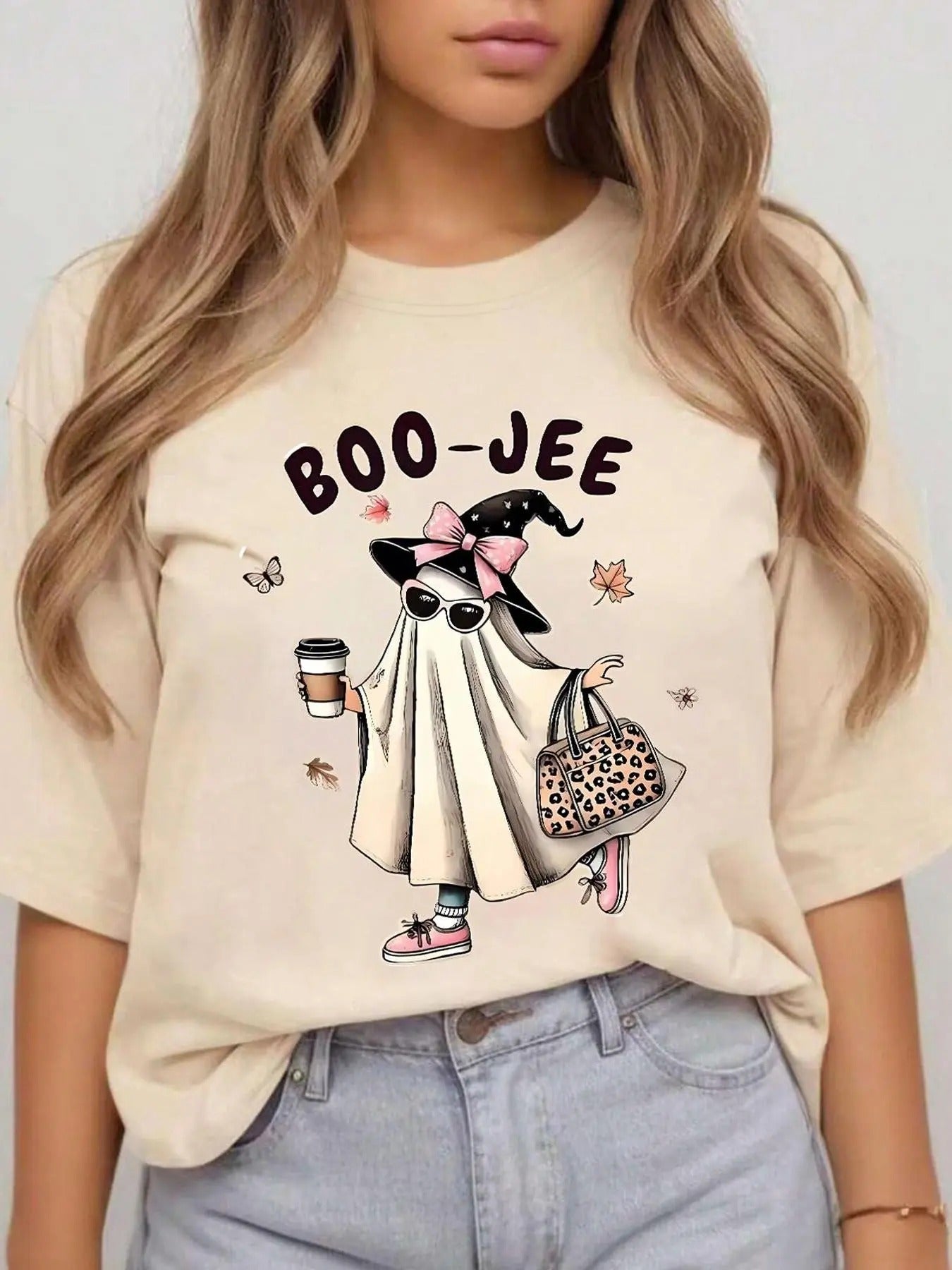 Women's Halloween  Ghost & Letter Print Drop Shoulder Tee, Casual Comfy Round Neck Half Sleeve T-shirt for Summer,...