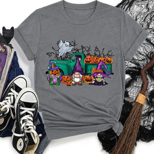 Women's Halloween Cartoon Ghost & Pumpkin Print Round Neck Tee, Casual Short Sleeve T-shirt for Summer, Ladies Clothes...