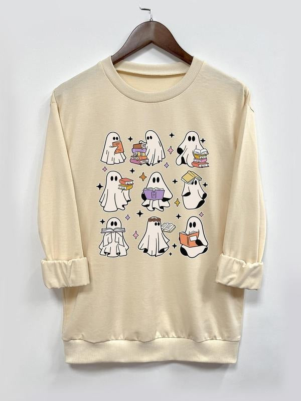 Women's Halloween Cartoon Ghost Print Drop Shoulder Sweatshirt, Casual Long Sleeve Round Neck Pullover for Fall & Winter,...