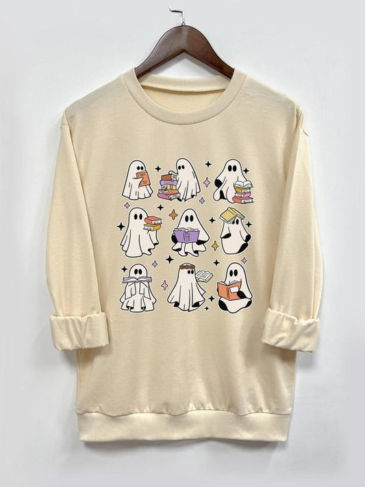 Women's Halloween Cartoon Ghost Print Drop Shoulder Sweatshirt, Casual Long Sleeve Round Neck Pullover for Fall & Winter,...