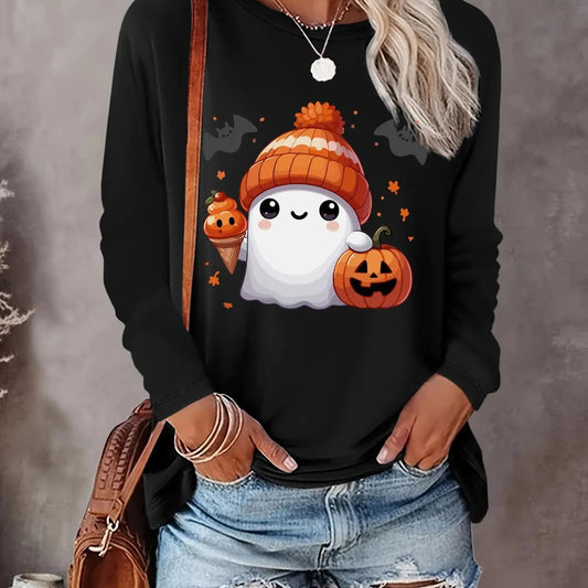 Women's Halloween Cartoon Ghost Print Drop Shoulder Tee, Casual Long Sleeve Round Neck T-shirt for Daily Wear, Ladies...