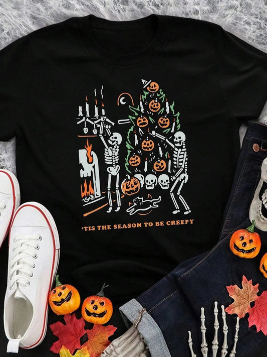 Women's Halloween Cartoon Skull & Letter Print Round Neck Tee, Fashion Casual Short Sleeve T-shirt for Daily Holiday...