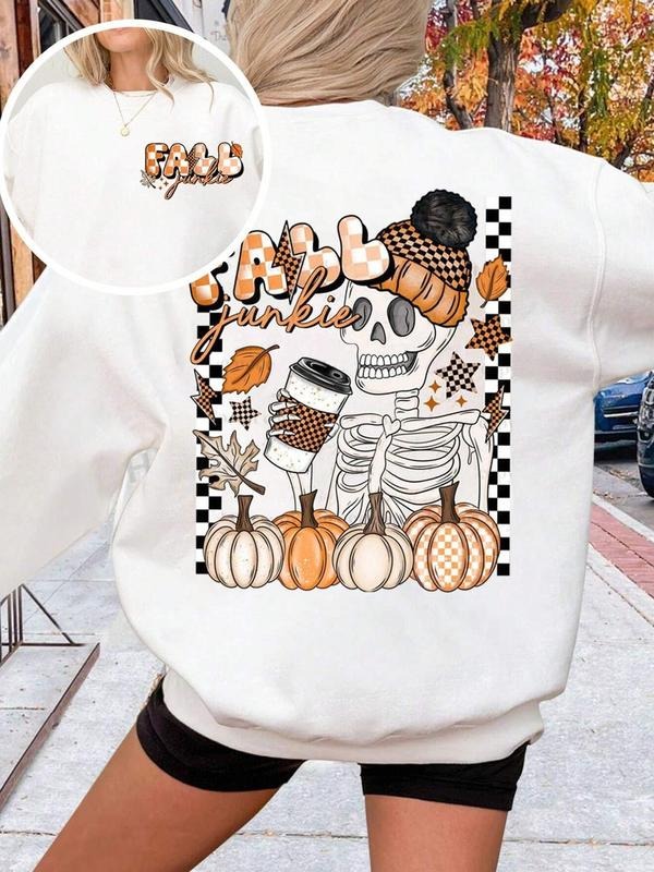 Women's Halloween Cartoon Skull & Pumpkin Print Drop Shoulder Thermal Lined Sweatshirt, Casual Letter Print Long Sleeve...