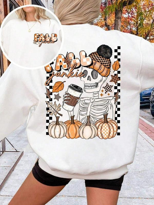 Women's Halloween Cartoon Skull & Pumpkin Print Drop Shoulder Thermal Lined Sweatshirt, Casual Letter Print Long Sleeve...