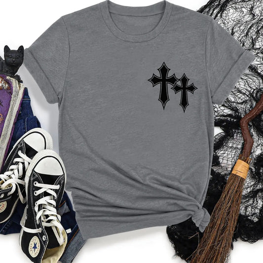 Women's Halloween Cross Print Round Neck Tee, Casual Short Sleeve Crew Neck T-shirt for Summer, Ladies Clothes for Daily...