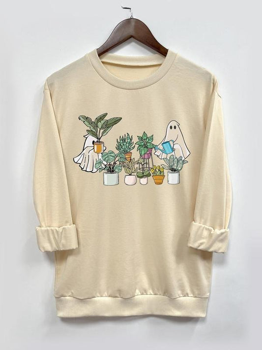 Women's Halloween Ghost & Plants Print Crew Neck Sweatshirt, Casual Long Sleeve Pullover, Women's Fall & Winter Clothes...