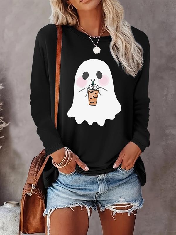 Women's Halloween Ghost Print Round Neck Tee, Casual Long Sleeve Crew Neck T-shirt  for Fall & Winter, Women's Clothes...