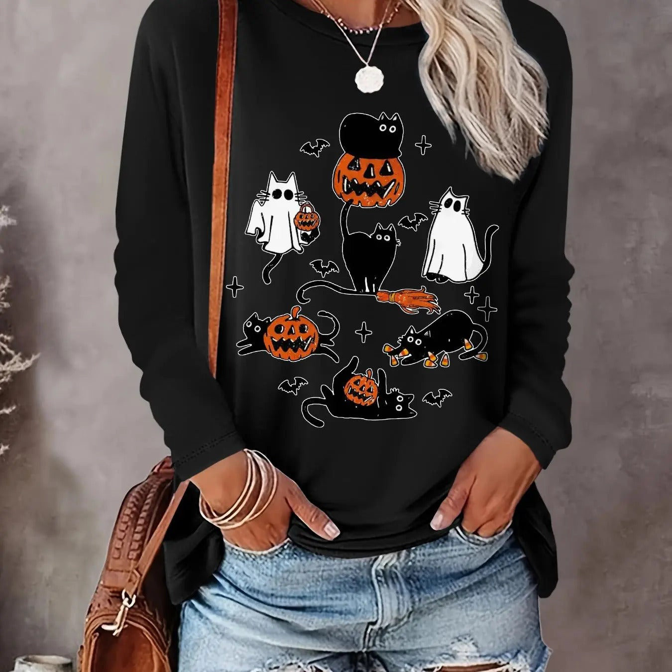 Women's Halloween Print Sweatshirt, Casual Long Sleeve Round Neck Pullover for Daily Wear, Ladies Clothing for All...