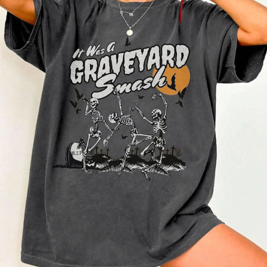 Women's Halloween Skeleton & Letter Print Drop Shoulder Tee, Casual Comfy  Half Sleeve Round Neck T-shirt for Summer,...
