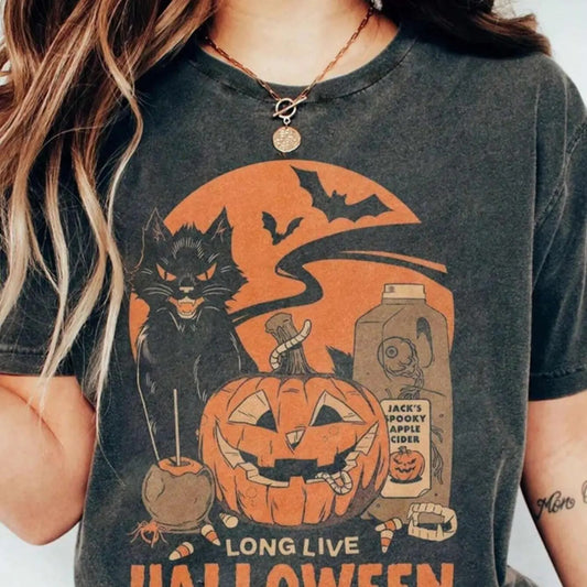 Women's Halloween Themed Cartoon Cat & Pumpkin Print Round Neck Tee, Fashion Casual Drop Shoulder Half Sleeve T-shirt for...