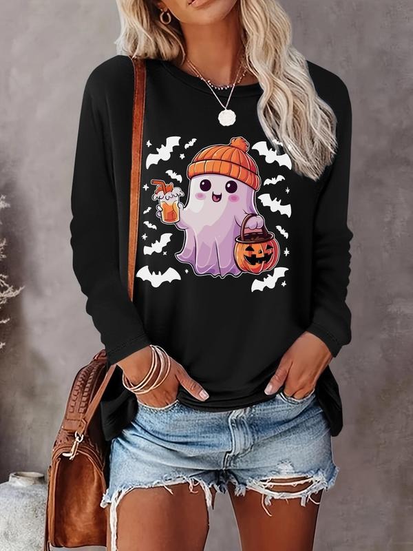 Women's Halloween Themed Cartoon Ghost Print Round Neck Tee, Cute Casual Long Sleeve T-Shirt for Daily Wear, Ladies Fall...