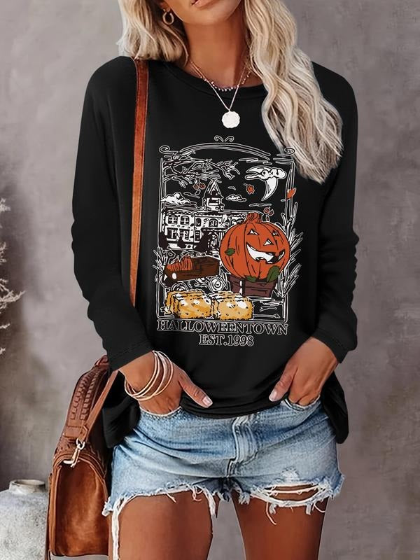 Women's Halloween Themed Cartoon Pumpkin & Letter Print Drop Shoulder Tee, Casual Long Sleeve Round Neck Pullover for...
