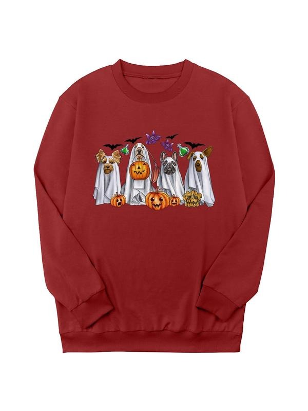 Women's Halloween Themed Dogs Print Round Neck Sweatshirt, Cute Casual Long Sleeve Pullover for Daily Wear, Women...