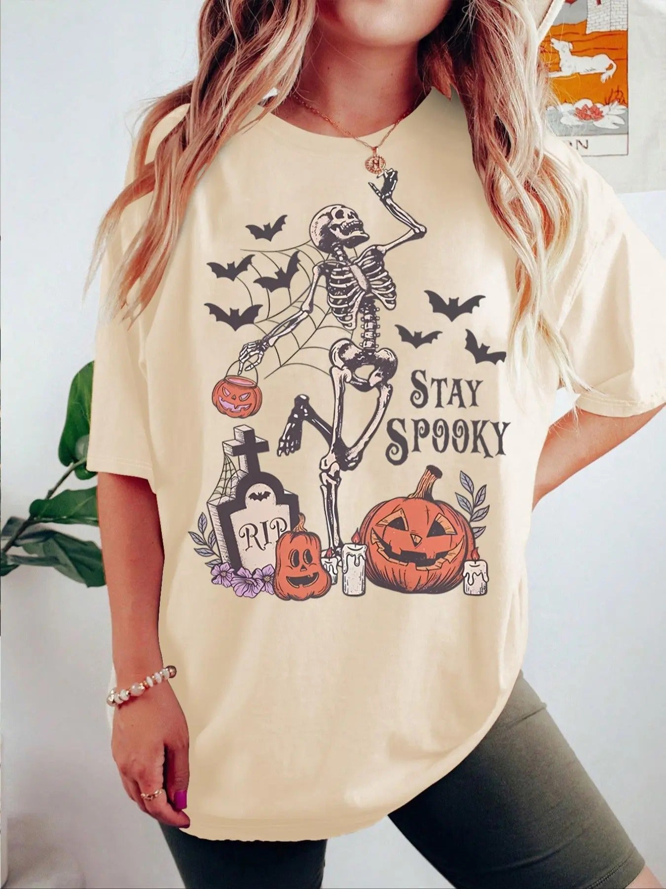 Women's Halloween Themed Drop Shoulder Tee, Casual Skeleton Print Half Sleeve Round Neck T-Shirt for Summer, Women's Top...