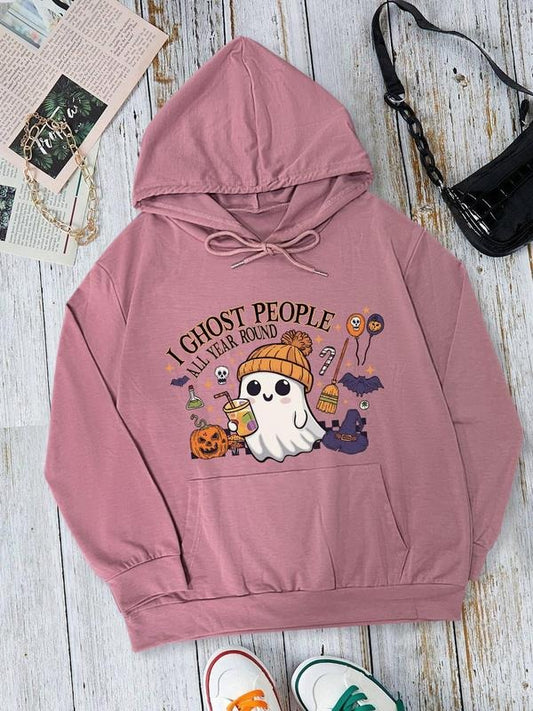 Women's Halloween Themed Ghost & Letter Print Drop Shoulder Hoodie, Fashion Casual Drawstring Pocket Hooded Sweatshirt...