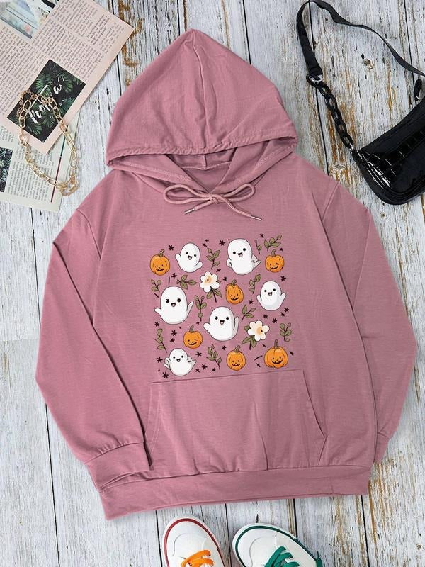 Women's Halloween Themed Ghost & Pumpkin Print Drop Shoulder Hoodie, Fashion Casual Drawstring Pocket Hooded Sweatshirt...