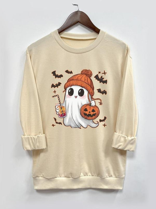 Women's Halloween Themed Ghost Print Crew Neck Sweatshirt, Casual Long Sleeve Pullover for Daily Wear, Ladies Fall &...
