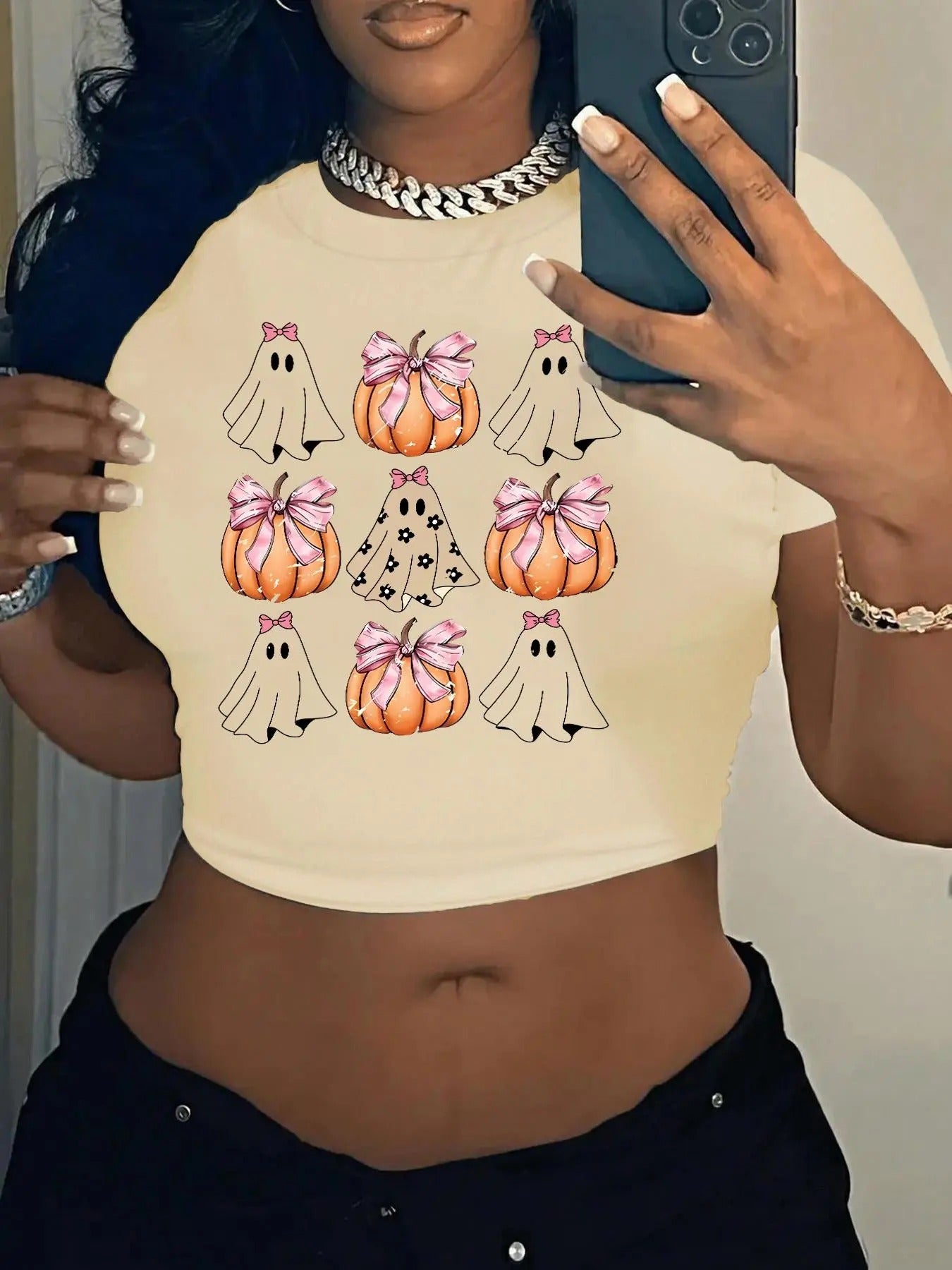 Women's Halloween Themed Ghost Print Round Neck Crop Tee, Casual Short Sleeve Crew Neck T-shirt for Summer, Fashion...