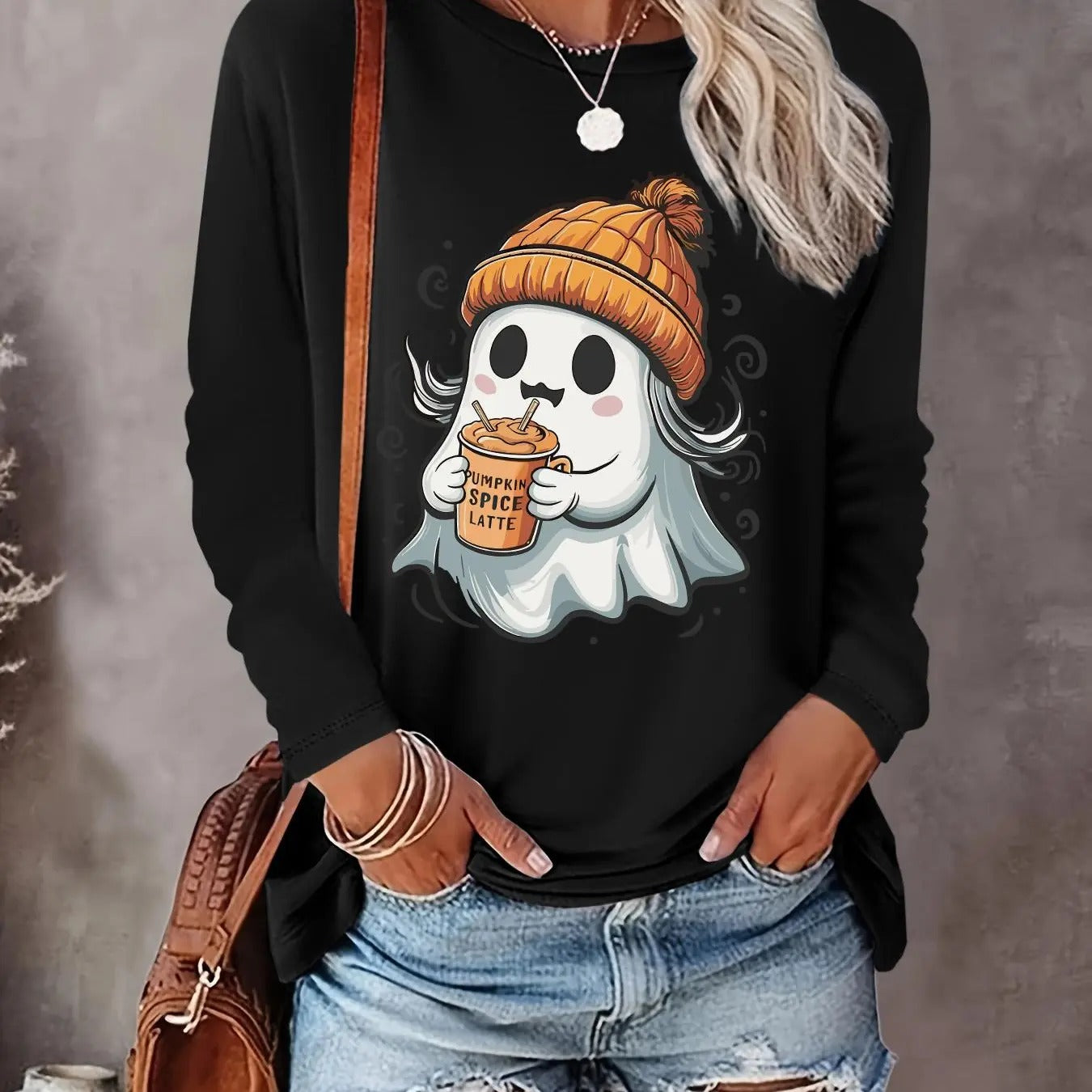 Women's Halloween Themed Ghost Print Round Neck Tee, Casual Long Sleeve Crew Neck T-shirt for Fall & Winter, Women's Top...