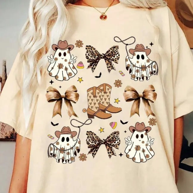 Women's Halloween Themed Ghost Print Round, Ghost Halloween Shirt Hoodie, Sweatshirt | WearSparks.com