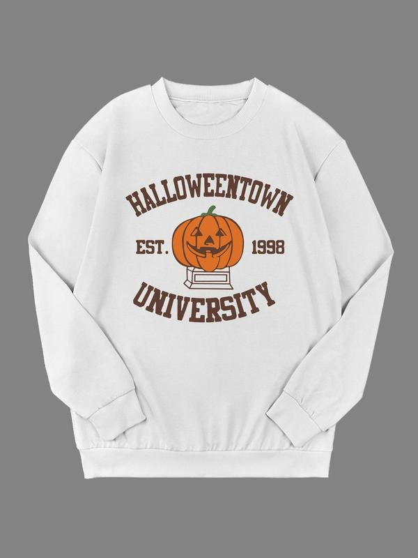 Women's Halloween Themed Pumpkin Print Drop Shoulder Sweatshirt, Casual Long Sleeve Round Neck Pullover for Fall &...