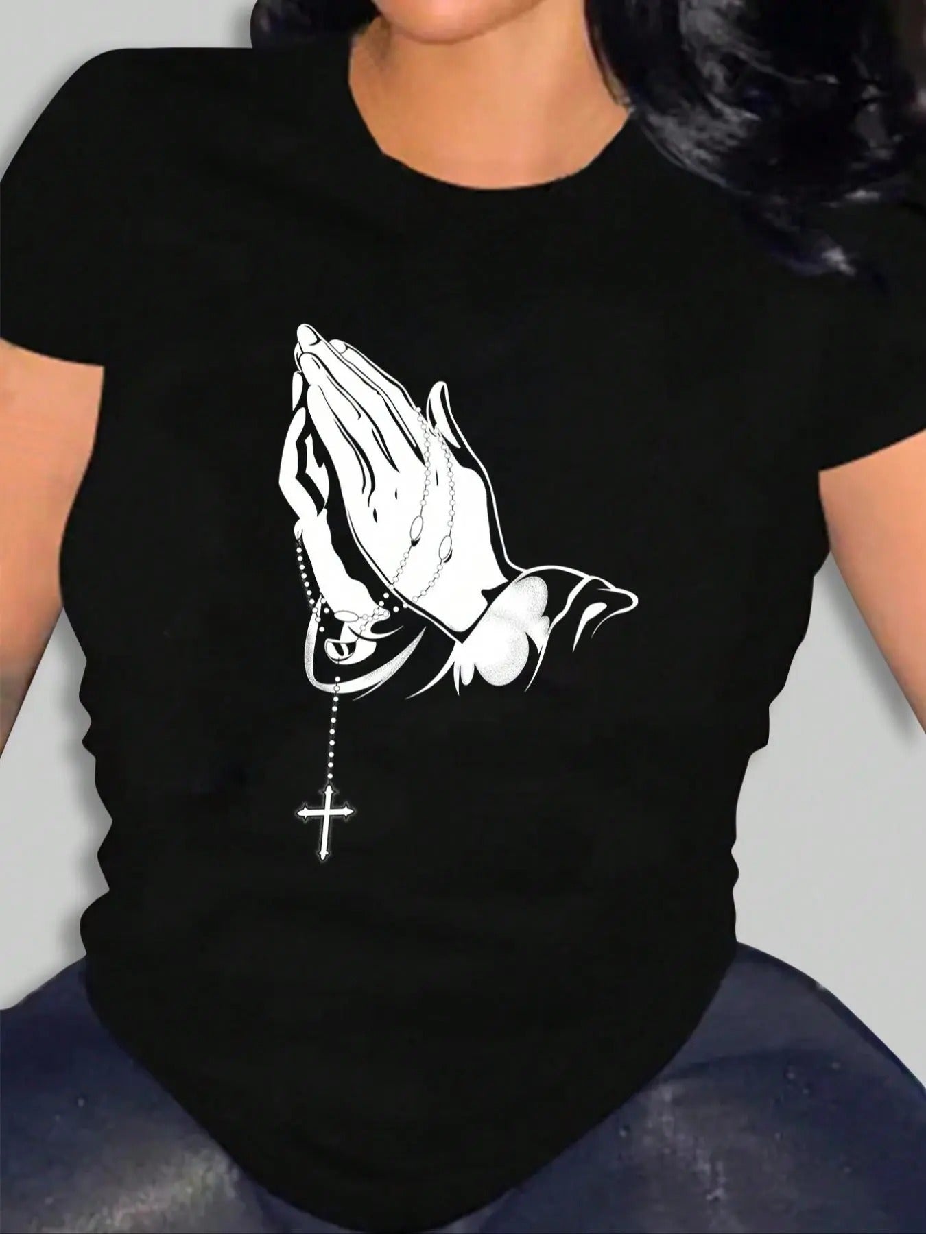 Women's Hand & Cross Print Round Neck Tee, Casual Short Sleeve T-Shirt for Summer, Ladies Clothes for Daily Wear Hoodie,...