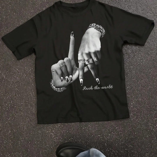 Women's Hand Gesture Print Round Neck Tee, Fashion Casual Short Sleeve T-shirt, Ladies Summer Clothes for Daily Wear...