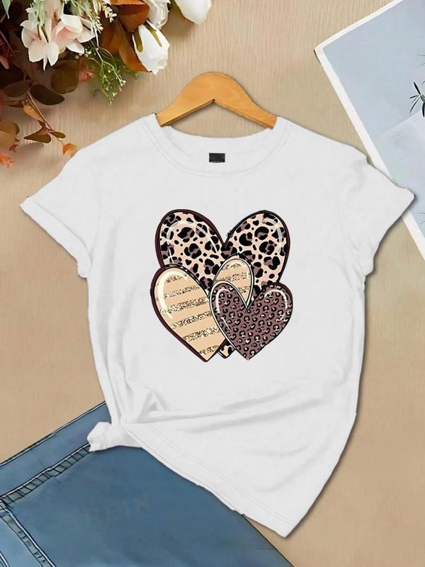 Women's Heart & Leopard Print Round Neck Tee, Casual Short Sleeve Crew Neck T-shirt for Daily Wear, Ladies Clothes for...