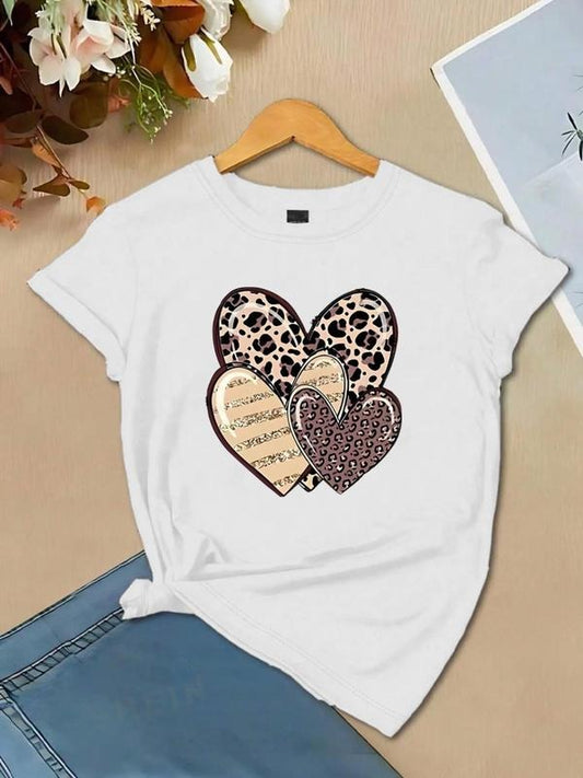Women's Heart & Leopard Print Round Neck Tee, Casual Short Sleeve Crew Neck T-shirt for Daily Wear, Ladies Clothes for...
