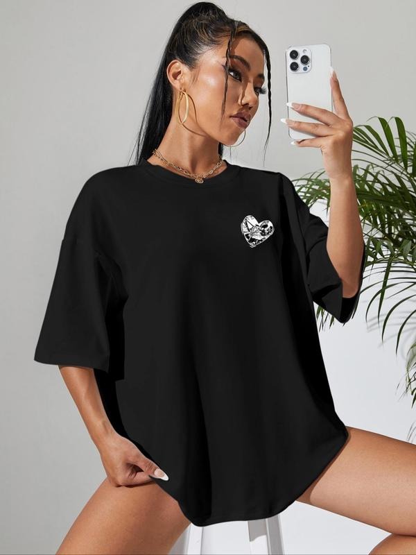 Women's Heart & Letter Print Drop Shoulder Tee, Casual Graphic Half Sleeve Round Neck T-shirt for Daily Wear, Ladies...