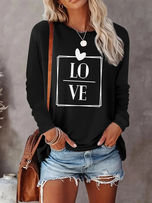 Women's Heart & Letter Print Round Neck Tee, Casual Long Sleeve Crew Neck T-shirt for Spring & Fall, Fashion Women's Top...