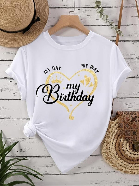 Women's Heart & Letter Print Round Neck Tee, Casual Short Sleeve T-Shirt for Daily Wear, Ladies Clothes for All Seasons...