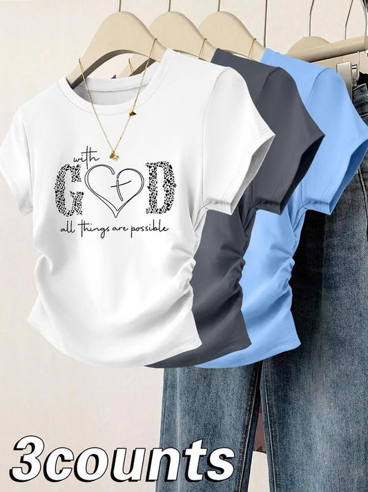Women's Heart & Letter Print Tee, Casual Short Sleeve T-shirt for Daily Wear, Ladies Clothes for All Seasons, Top Hoodie,...