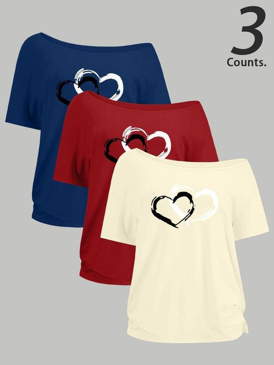 Women's Heart Print Curved Hem Tee, Casual Short Sleeve T-shirt for Daily Wear, Ladies Clothes for All Seasons, Top...
