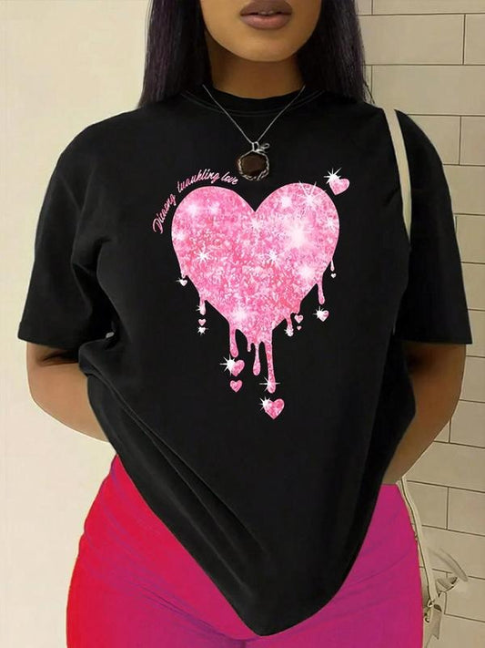 Women's Heart Print Round Neck Short Sleeve Tee, Fashion Casual Crew Neck T-Shirt for Daily Holiday Vacation Outdoor...
